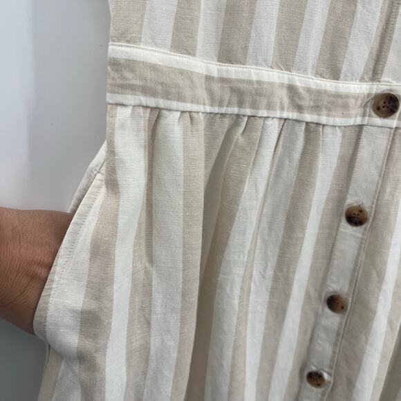 Loft Stripe Shirt Dress Sz 18  Linen Cottagecore Coastal Puff Sleeve Midi Beachy - Picture 4 of 11